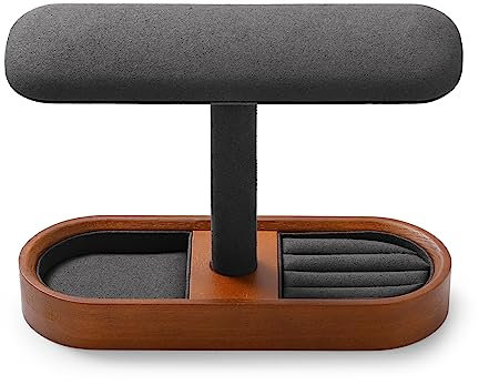 Papten Supporto per orologio in legno, supporto per orologio da polso, con anelli, orecchini, organizer per gioielli, display per uomo e donna (grigio scuro)