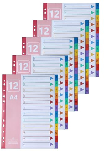 AMO HERMOSO 5 Set Divisori 1-12 A4 per Raccoglitori ad Anelli, Separatori in Plastica Multicolore con Indici Numerici, Schede Resistenti per Organizzazione Documenti e Ufficio