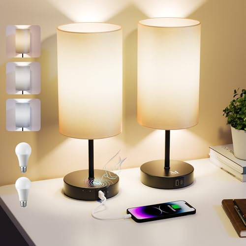 Akari Miya Bedside Lamps Set of 2, Touch Lamps Bedside with USB A+C Charging Ports, 3-Way Dimmable Table Lamp with E27 LED Bulbs, Fabric Shade, Metal Base for Bedroom, Living Room & Nightstand (Gray)