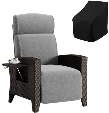 Fiutazge Chaise Longue Bain de Soleil en Rotin avec Dossier Réglable,Coussin Zippé,Fauteuil Relax Jardin pour Balcon Terrasse Veranda,Rotin Noir et Coussin Gris-Porte Gobelet Droite