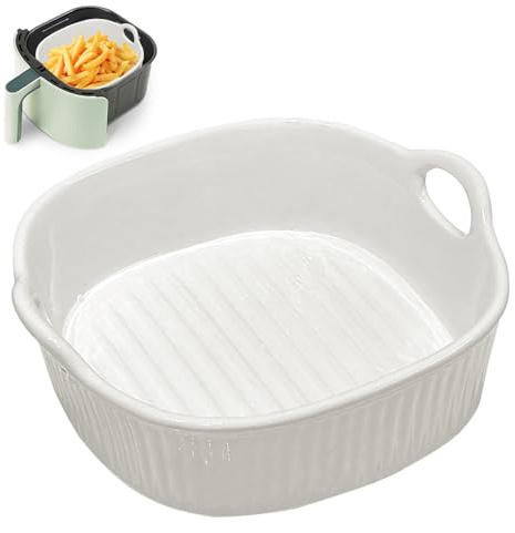 Ceramic Casserole Dish, 650 ml, Square Baking Moulds, 7 Inch Casserole Dish, Ceramic Baking Moulds with Handles for Lasagna, Meat, Vegetables, for Hot Air Fryer, Oven, Microwave Oven (White)