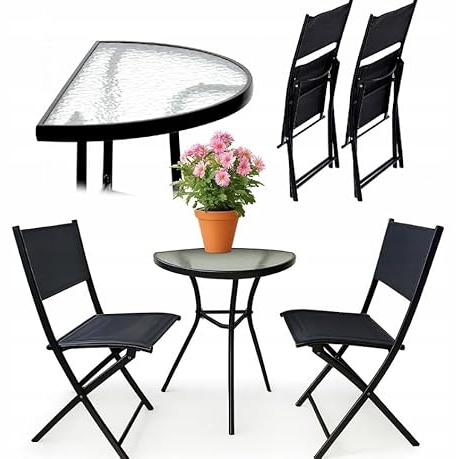 Set di mobili da balcone BDW, tavolo in vetro 70x40 cm con 2 sedie pieghevoli, ideale per piccoli spazi, terrazza, balcone, giardino, Nero