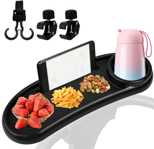 UHETLET Plateau de poussette 3 en 1 pivotant à 360 ° avec clip réglable et crochet, porte-gobelet, plateau à collation, plateau à collation, plateau de boissons, support pour poussette, extérieur