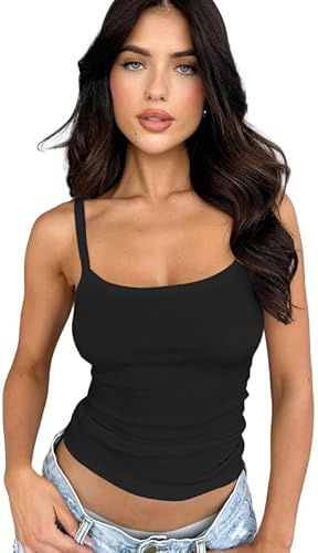 Sukiglam Débardeur Femme Côtelés Sexy Col U sans Manches Hauts Chic et Élégant Y2K Dos Nu Tank Tops Ajusté Casual Sport Camisole Basic Caraco Top Bretelles Spaghetti T-Shirts