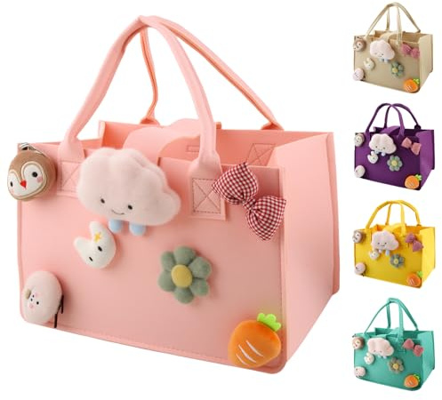 Shoppingkorg barn, Dwafill 30 x 20 x 18 cm filtväska liten färgglad, liten filtväska med handtag, korgväska barn, leksaksväska pojke, som presentpåse för helgdagar (rosa, M)