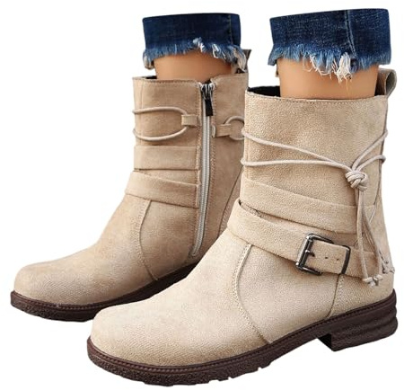2025 Bottines d'hiver en cuir pour femme et femme - Couleur unie - Fermeture éclair latérale - Bottines chaudes et décontractées - Boucle, beige, 39 EU