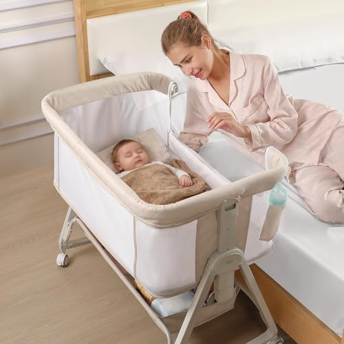 EVINYEP 4-in-1 Beistellbett Baby, Verbesserte Stabilität Stubenwagen Baby mit 6-Fach Höhenverstellung, Vollständigen Mesh-Seiten für Neugeborene bis 12 Monate, Beige