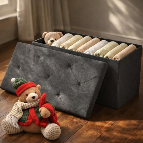 DUMOS Sitzbank mit Stauraum, Aufbewahrungsbox mit Deckel, 76 x 38 cm Truhenbank mit Stauraum, Sitzhocker mit Stauraum, bis 150 kg Belastbar, Fusshocker für Wohnzimmer Schlafzimmer Schlafsaal, Grau