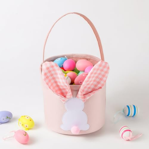 Easter Basket for Kids Baby Girls Toddlers, Pink Easter Gifts Baskets Empty for Toddler Girls Princess Cute Bunny Easter bags for Eggs Hunt Candies Gifts, 7.9-9.1'' x 7.9''