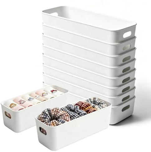 10 PCS White Narrow Plastic Storage, Rectangular Narrow Cupboard Organiser Boxes with Handles, Storage Containers for Kitchen, Home, Office, Bathroom, 28 ×10 × 9.5 CM