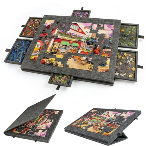 Lutande pusselbord, bärbar pusselbräda med 6 lådor, pusselbräda för upp till pussel 1 000 delar, pusselbräda med 2-i-1-stativ och skydd, lätt filt jigsaw pusselbordstillbehör (svart)