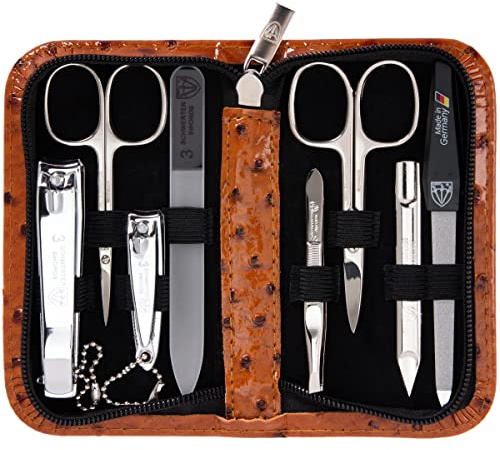 3 Swords Germany - brand quality 8 piece manicure pedicure grooming kit set synthetic leather case ostrich cognac - Made in Germany