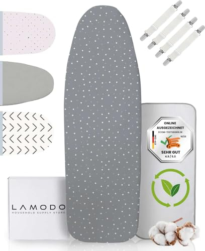lamodo® - Copriasse da stiro - 125x45 cm - Copriasse da stiro in cotone 100% - Adatto per stirare a vapore - Imbottitura extra spessa + elastico e tenditori, 124-132 cm x 40-45 cm