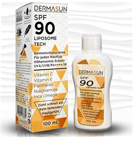 DermaSun® Täglicher Gesichtssonnencreme SPF 90 – Intensive Feuchtigkeitspflege & UV-Schutz, Liposome-Technologie, Anti-Age, Makeup & Sport geeignet - Schnell einziehend, 100 ml