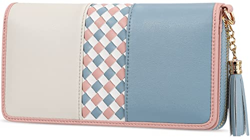 Jocose Moose Damen Geldbörse, Portmonee Große Kapazität Kunstleder Mehrfarbig Geldbörse, RFID Blocker Portemonnaie mit 12 Kartenfächer und Münzfach (Blau-Beige)