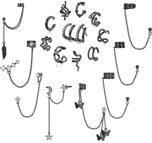 Diamday 18Pcs Ear Cuff Pendientes Cadena para Mujer Manguito Oreja Pendientes Cadena con Clip Ajustable Cartílago Hélice Pendiente Clip On Wrap Ear Cuff Pendientes No Perforado Negro