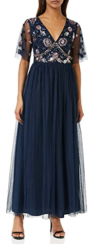 Maya Deluxe Womens Maxi Dress Ladies Embellished Spot Mesh A-Line V-Neck Dress for Wedding Guest Bridesmaid Prom Ball Occasion Navy Size 22