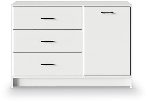 Meble Pitus Kommode Weiß - Sideboard Weiss 80 x 115 cm für Schlafzimmer, Büro, Wohnzimmer - DREI Schubladen mit Türen - Flurschrank