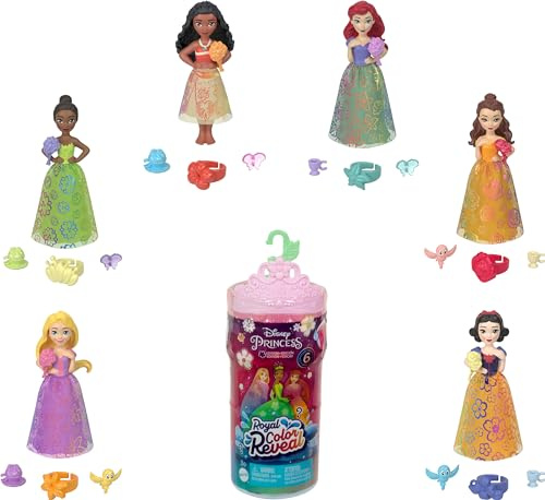Mattel Disney Princess Toys, Kleine Puppe Royal Color Reveal mit 6 Überraschungen inklusive Duftring und 4 Zubehörteilen, Gartenparty-Serie (Puppen können variieren)