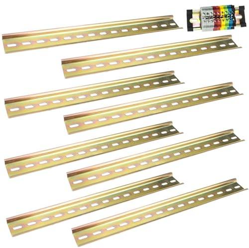 8 stycken DIN skena 29,5 cm lång 3,5 cm bred radklämmor, toppskena | färg ståluttag, monteringsskena, skåpupphängningsskena för distributionsskåp, växelskåp, installation (gul)