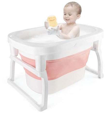 Baignoire Bébé Pliable, Baignoire Pliable Bébé Avec Tabouret de Bain - Baignoire Enfant- Bain Bebe Adaptée Aux Bébés De Tous Âges, Baignoire Bebe sur Pied Antidérapante-72 * 51 * 42 cm-rose