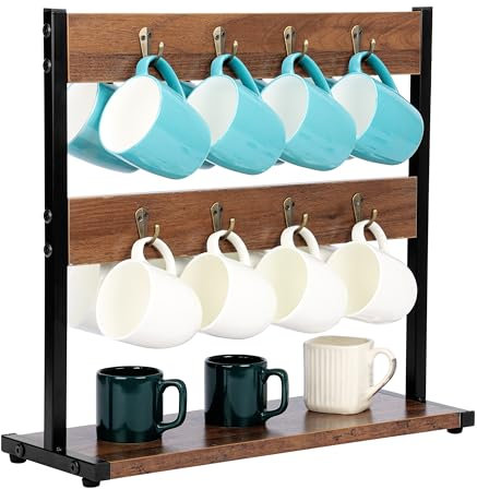 BELLE VOUS Porte-tasses en Bois - Etagere Cuisine Vintage - Étagère pour Rangement de Tasses et Mug Cafe - Organisateur Porte Tasse avec 16 Crochets - Support Tasses à Café et Thé