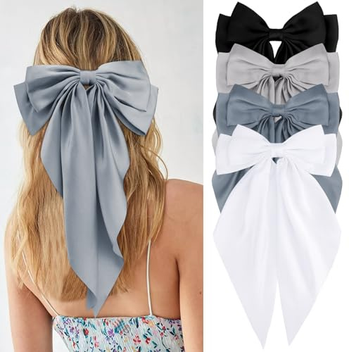 Velscrun Women's & Girls' 4-Pack Hair Bows - Silky White, Satin Navy Blue, Coquette Grey, Black - Oversized, Long Tail, Barrettes & Clips - Perfect Gifts