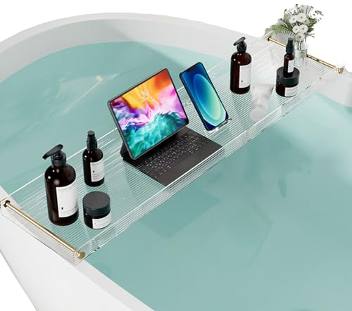 Badewannenablage Acrylglas, Tisch Caddy Transparent Badewannenregal Badezimmer Organizer Wannenablage Bett Bathtub Tray, Mit Goldenen Schienen, Für Tablet Smartphone Wein Buch(Size:90CM)