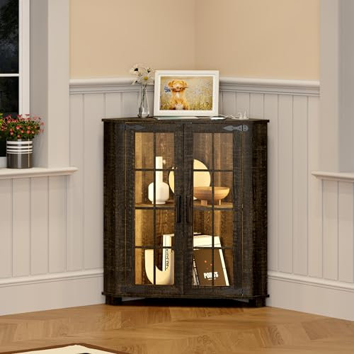 OUTDOOR DOIT Kleiner Eckschrank mit LED-Licht, Badezimmerschrank im Landhausstil mit 2 Türen, freistehender Eckschrank für Waschküche, Wohnzimmer oder Küche (Braun)