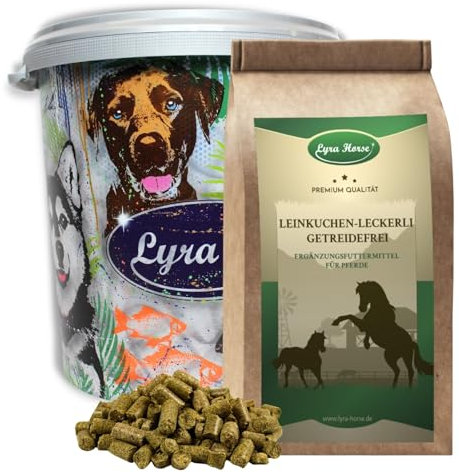 Lyra Horse® 5 kg friandises au tourteau de Lin, pour Chevaux + Seau de 30 L