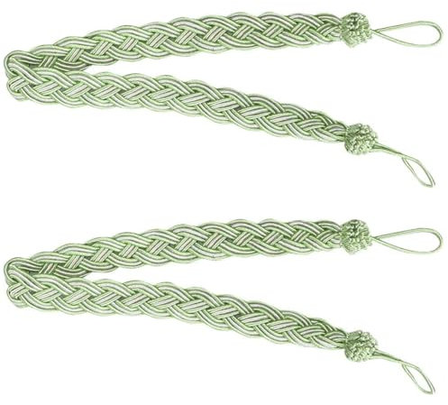 2 Pack Curtain Tie Backs Rope - 23 Inch Curtain Tiebacks and Holdbacks, Window Tassels and Clips, Decorative Rope Tie Backs for Curtains - Green