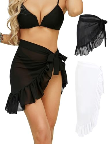Monbessi 2 PCS Sarong Beachwear Chiffon Translucent Beach Skirts for Women Beach Cover Up Pareo Lace-up(Black Short + White Long)