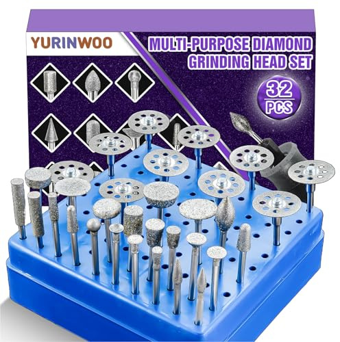 32 Stück Diamant Fräser Set Kompatibel mit Dremel, Rotary Tool Zubehör mit Diamanttrennscheibe und 3mm Schaft Passform für Stein Glas Keramik Schnitzen, Schleifen, Polieren, Gravieren, Schneiden