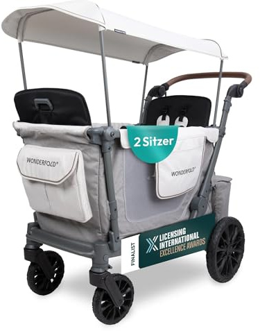 WonderFold L2 Double Stroller Wagon - Grey | Collapsible Stroller Wagon with an Adjustable Canopy & Push Handle, All-Terrain Wheels & Built-in Storage for Kids