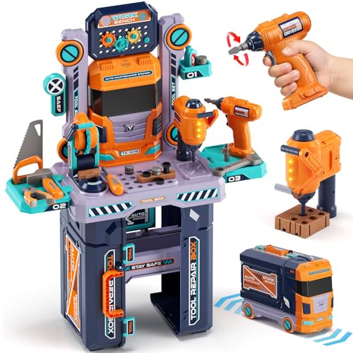 Lehoo Castle Werkbank Kinder 83cm Großformat, Transformierbarer LKW mit Elektrischem Werkzeug Bohrhammer mit Licht & Sound, Werkzeugkoffer Lernspielzeug, Geschenk für Jungen Mädchen ab 3 4 5 Jahren
