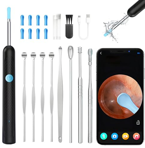Otoscopio Limpiador Oidos, Kit de Limpiador de Oídos para Eliminación de Cerumen para iOS y Android, 3,5mm WiFi Endoscopio de Oído con 1080P Cámara y 6 LED,negro