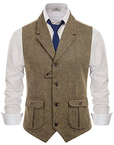 PJ PAUL JONES Mens Wool Tweed Vest Vintage Notched Collar Slim Fit Waistcoat Vest Coffee L