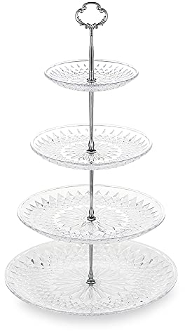 NWK 3/4-Tier Cake Stand with Clear Plastic Plates and Metal Struts Dessert Stable Tower Display Rack Serving Tray for Wedding Birthday Baby Shower Party Summer Afternoon Tea Silver