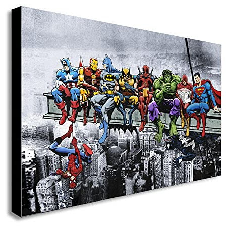 Superheroes - Lunch Atop Skyscraper - Canvas Wall Art Framed Print - Various Sizes (A1 32x24 inches), Living Room