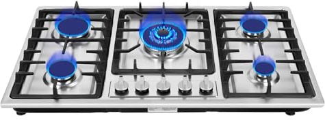 5 Burner Gas Top Stove Gas Cooktop 34 Inch Stainless Steel Built-in Gas Cooktop Gas Cooker Natural Gas/LPG Silver Gas Hob,Easy to Clean and Ignite(5 Burner/33.85*19.68)