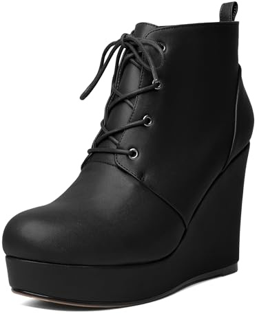 AUMOTED Women's Wedge Ankle Boots Platform Round Toe Lace up High Heels Bootie 4 Inch for Party Prom Wedding Dress Shoes Matte Black US Size 9
