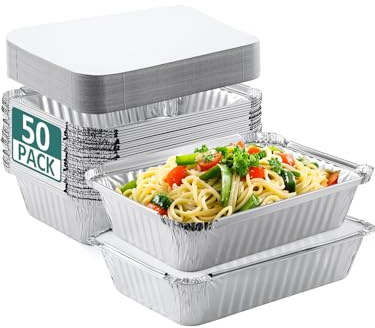 NEEBAKE 50 Pack 8x6 Disposable Aluminum Pans with Lids Aluminum-Foil-Pans-Tin-Foil-Baking-Pans-Tin-Trays-Food-To-Go-Containers-for-Meal-Prep-Cooking-Roasting-Heating-Takeout