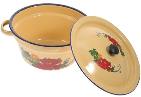 1pc Vintage Enamel Mixing Bowl with Lid Retro Lard Storage Pot Deep Kitchen Basin for Spices Easy to Yellow Enamelware Design