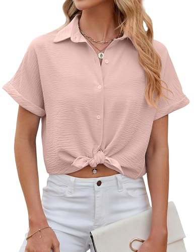 HANERDUN Camicia Donna Estiva Maglietta Donna Manica Corta Camicetta Button-Down con Scollo a V Blusa Elegante da Lavoro T-Shirt Casual Top