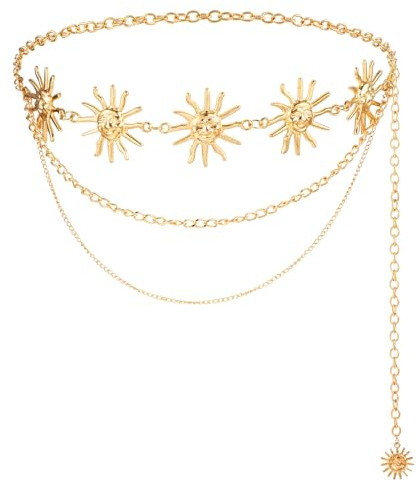 Andibro Vintage Metall Taillenketten, Multilayer Lange Quasten Mond Stern Sonnen Anhänger Gürtel Verstellbare Hüftkette Bauchkette für Damen Jean Pants Dress (Goldene Sonne)