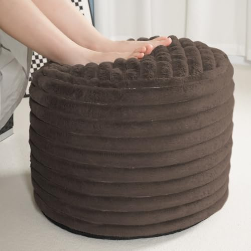 Pouf Ottoman Stuffed Round for Foot Rest, Faux Fur Poufs with Foam Chunk Filling, Storage Ottoman Pouf Foot Stool Cushion, 20 X 15 Inch Floor Chair for Living Room Bedroom Home Decor, Brown