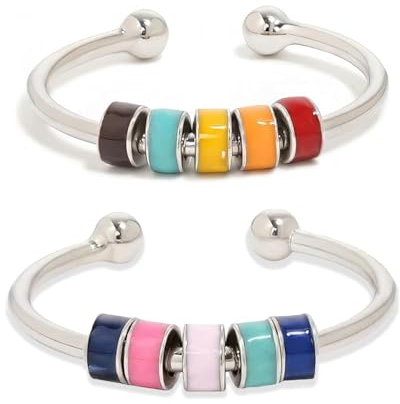 Geaanen 2 Pcs Anxiety Ring Stress Ring Stress Angst Ring Verstellbarer Anti Stress Ring Edelstahl Angstring Mit Perlenring Angstlinderungsring Angenehm Zu Tragen für Frauen Und Mädchen Blau Gelb