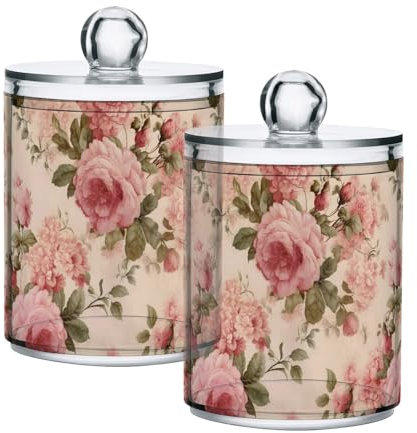 CHIFIGNO Juego de 2 dispensadores de rosas rosas rosas vintage florales retro, tarros de boticario, recipientes de baño para bolas de algodón, hisopo, hilo dental, esponjas de maquillaje, clip para el