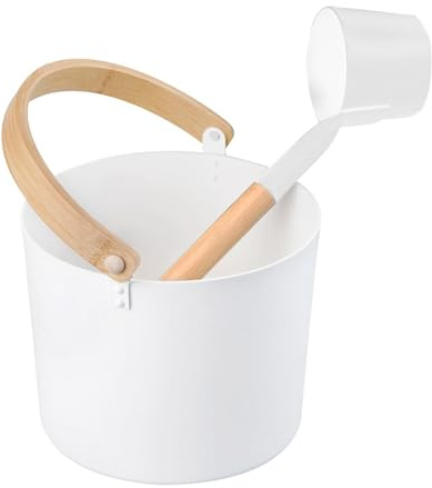 Slev bastufat – aluminium bastuhink och slev set, 7 l lyxig finsk | aluminiumhink med långt handtag skedset, essentiall spa-tillbehör, bad kit tillbehör (vit)