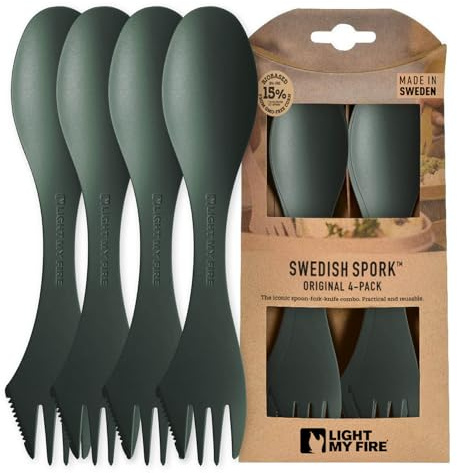 Light My Fire Spork Original 4-Pack 3-in-1 Camping Spoon Fork Knife Combo Reusable Travel & Camping Utensils Lunch Spork Outdoor Backpacking Hiking Picnic Utensil BPA Free, SageGreen